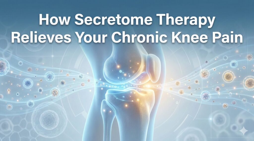 A translucent human knee joint set against a deep medical blue background. Streams of glowing golden and white particles, representing bioactive secretome molecules and exosomes, are shown flowing into the joint space to symbolize cellular repair and inflammation relief. The article title, "How Secretome Therapy Relieves Your Chronic Knee Pain," is overlaid in clear, modern typography at the bottom.